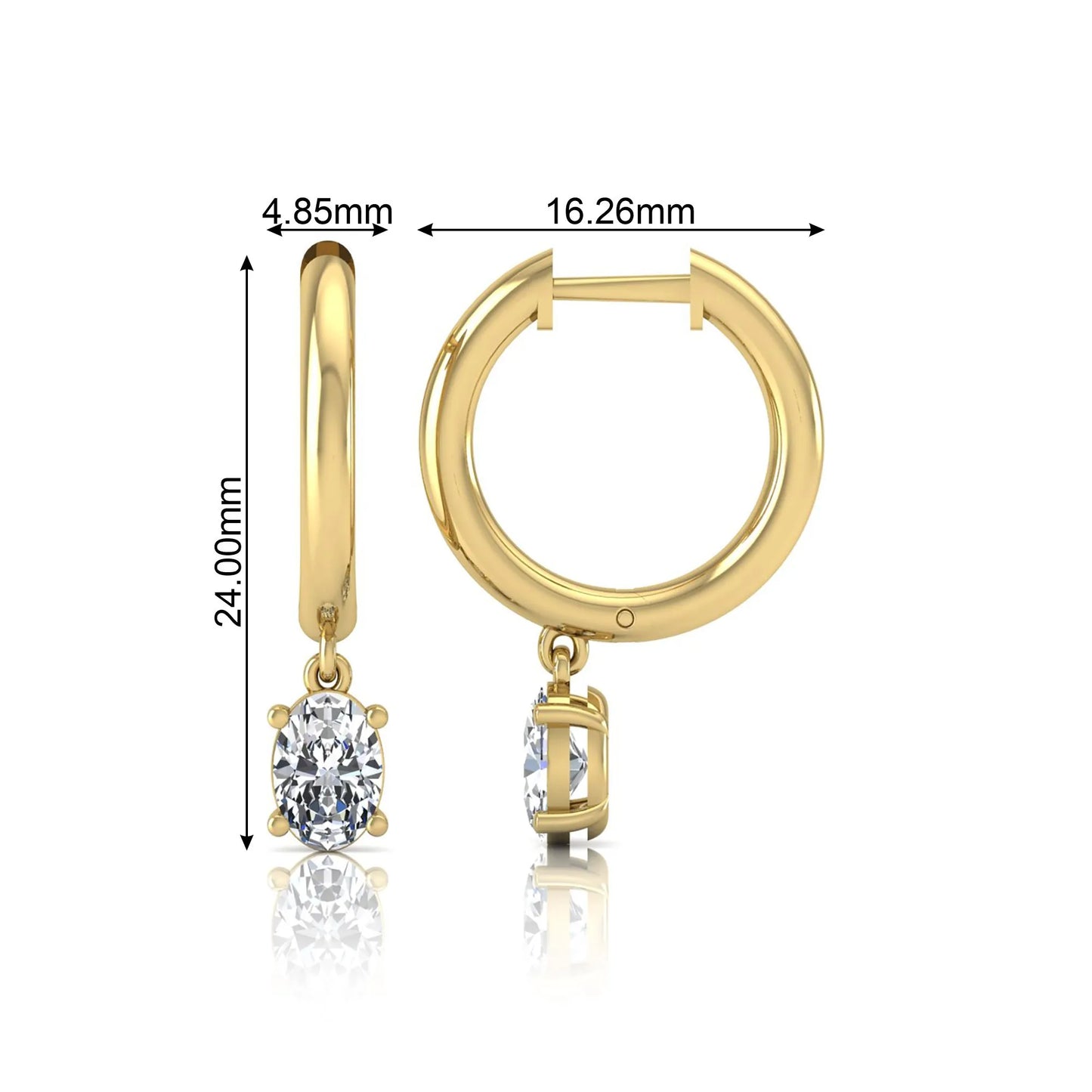 Oval cut lab grown diamond drop huggie hoop earrings featuring a four prong drop setting, hinged snap closure, and polished yellow gold tone finish.