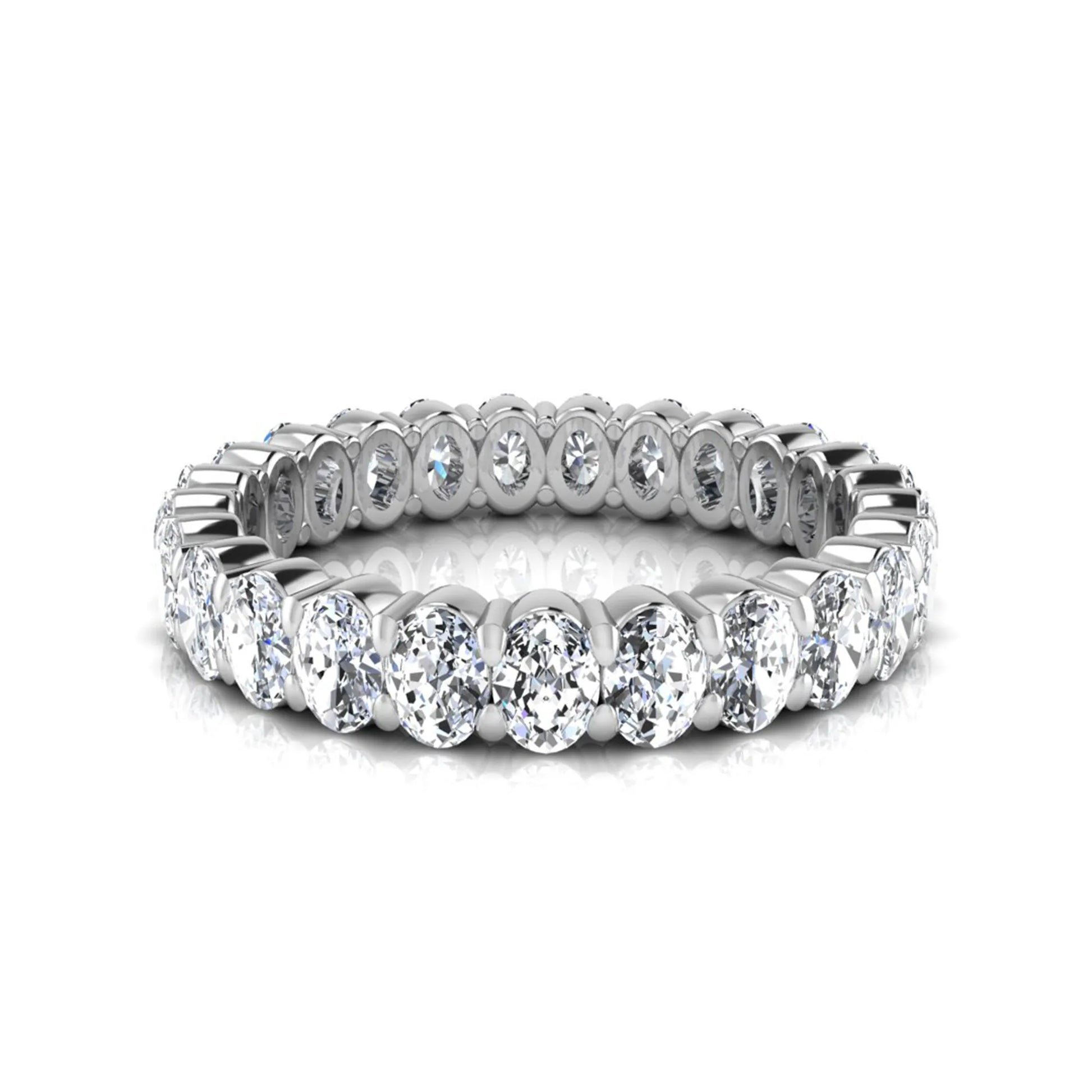 Oval cut lab grown diamond eternity band featuring a continuous row of brilliant shared-prong set diamonds in a timeless luxury design in white gold