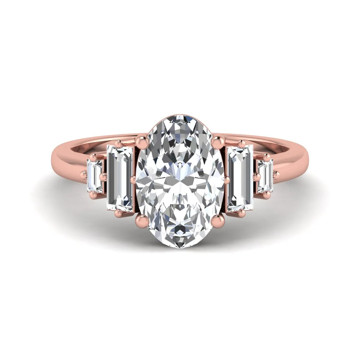 IGI Certified 2.00 carat oval cut lab grown diamond five stone engagement ring with baguette side diamonds in rose gold.
