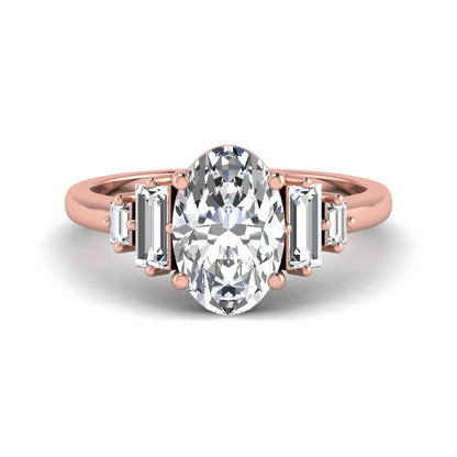IGI Certified 2.00 carat oval cut lab grown diamond five stone engagement ring with baguette side diamonds in rose gold.