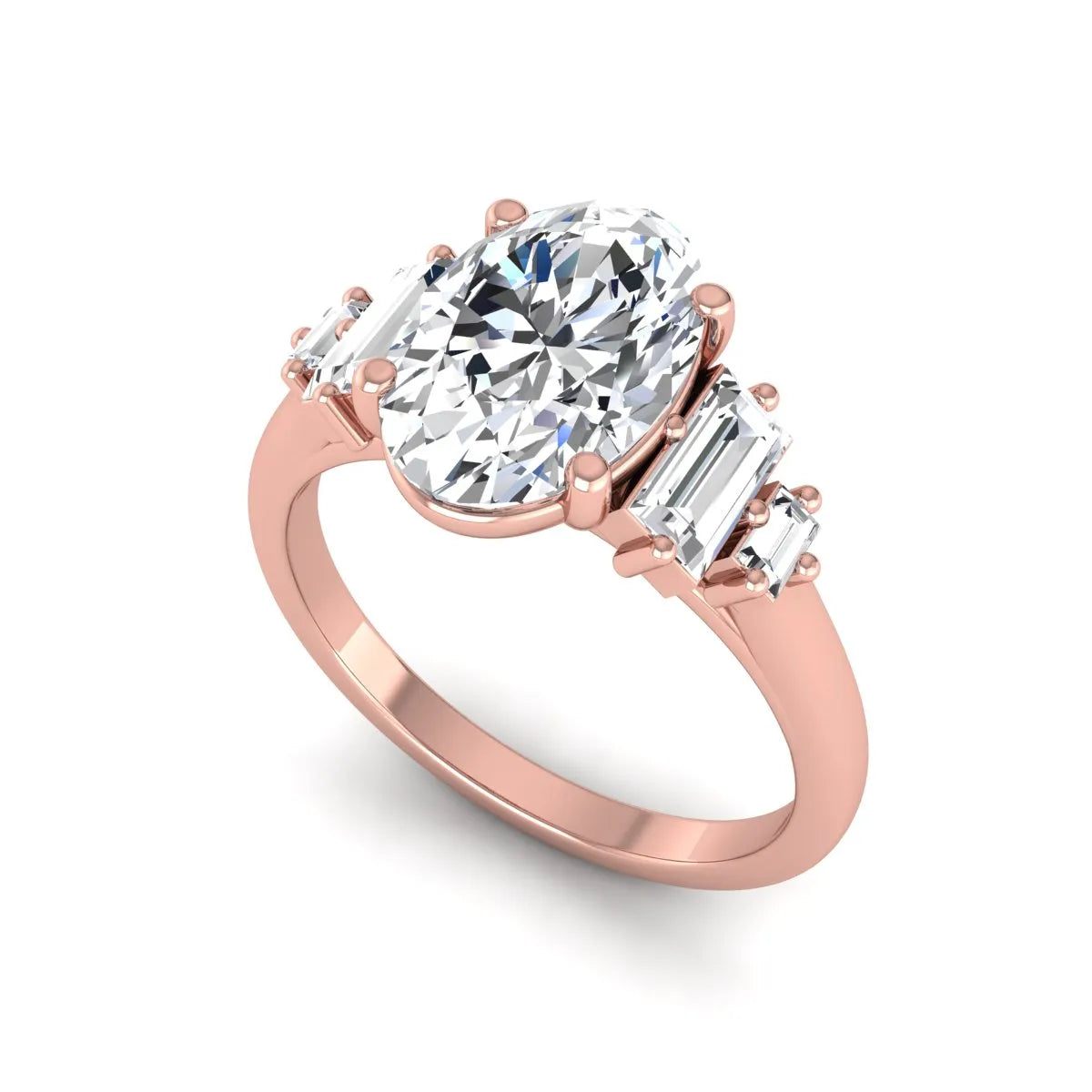 IGI Certified 2.00 carat oval cut lab grown diamond five stone engagement ring with baguette side diamonds in rose gold.