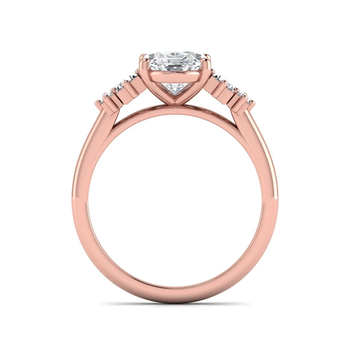 IGI Certified 2.00 carat oval cut lab grown diamond five stone engagement ring with baguette side diamonds in rose gold.