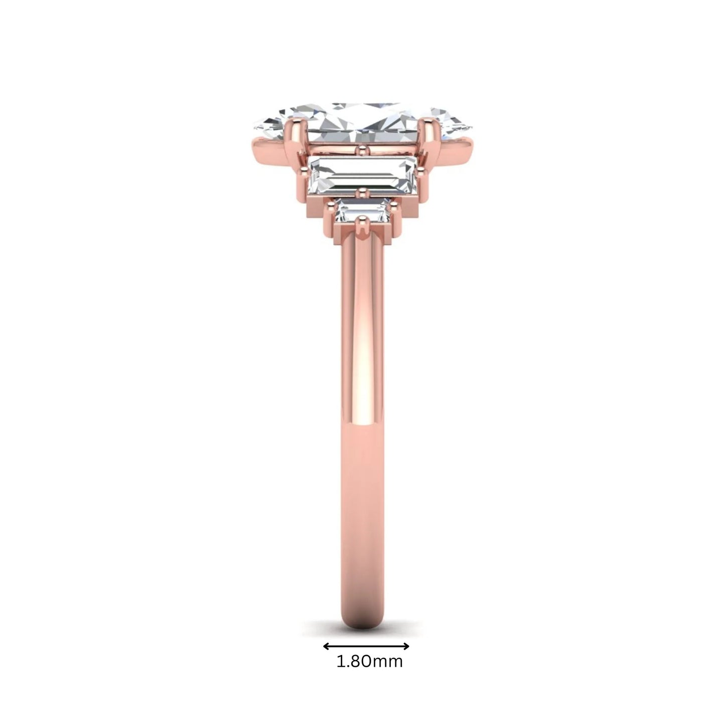 IGI Certified 2.00 carat oval cut lab grown diamond five stone engagement ring with baguette side diamonds in rose gold.