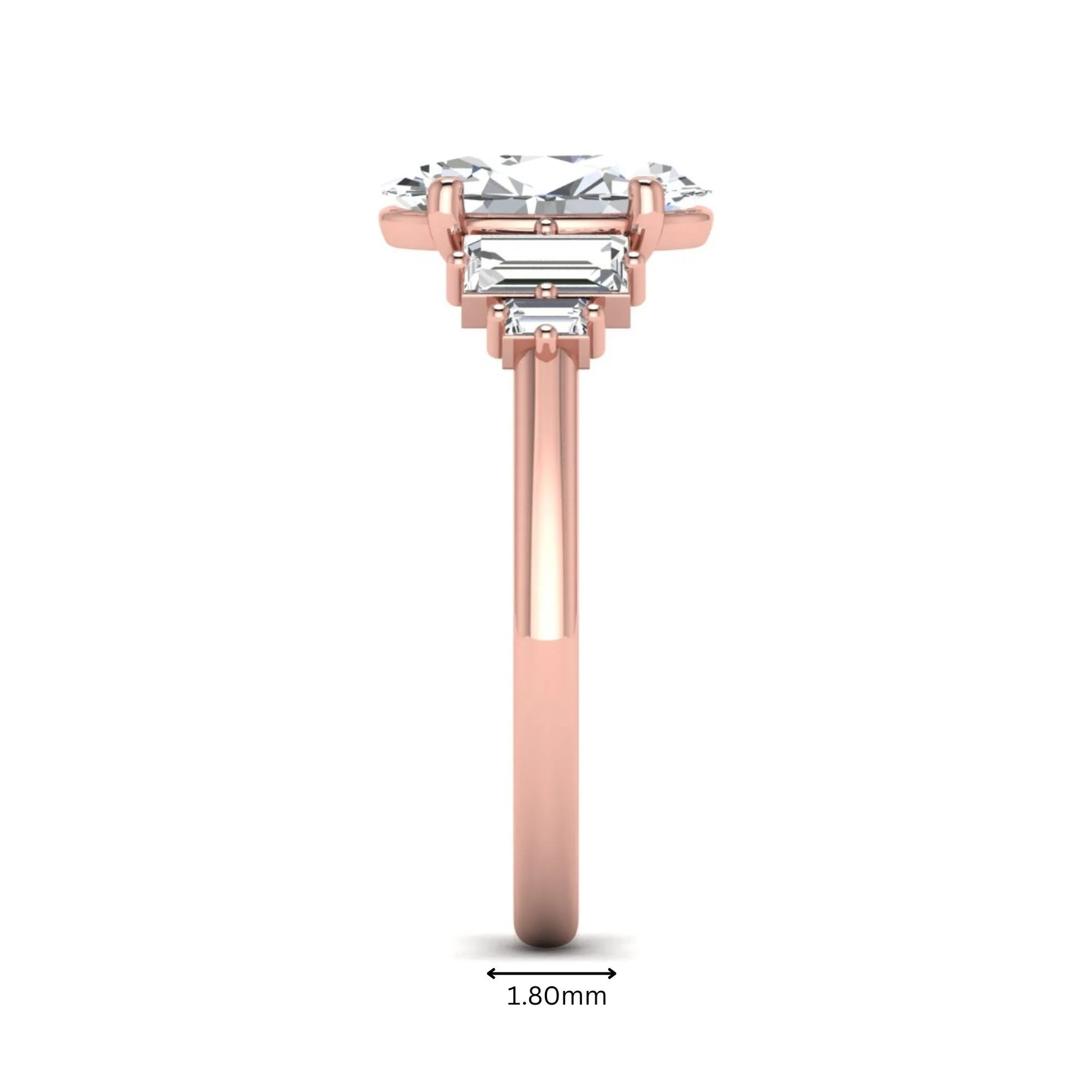 IGI Certified 2.00 carat oval cut lab grown diamond five stone engagement ring with baguette side diamonds in rose gold.