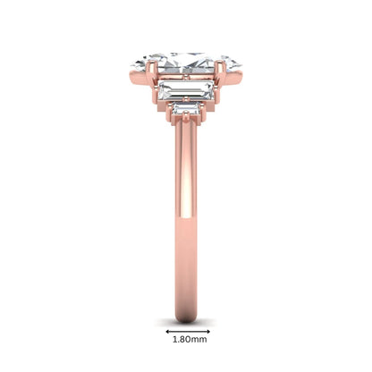 IGI Certified 2.00 carat oval cut lab grown diamond five stone engagement ring with baguette side diamonds in rose gold.