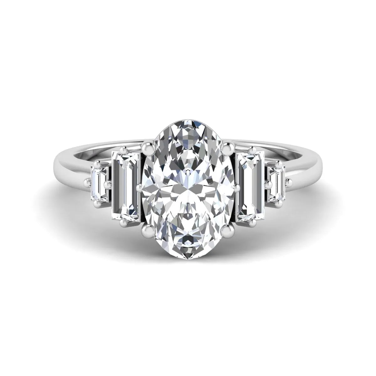 IGI Certified 2.00 carat oval cut lab grown diamond five stone engagement ring with baguette side diamonds in white gold.