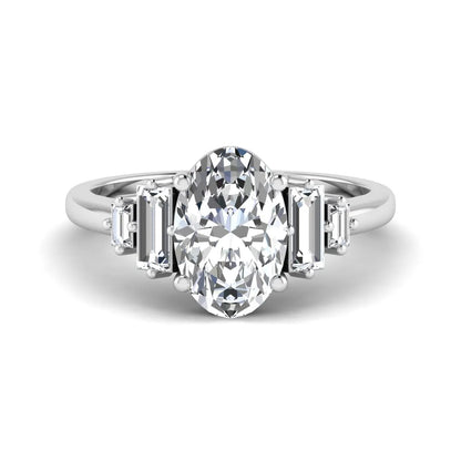 IGI Certified 2.00 carat oval cut lab grown diamond five stone engagement ring with baguette side diamonds in white gold.