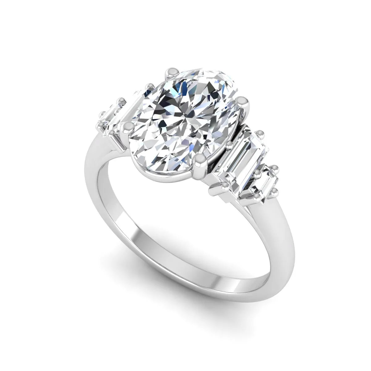 IGI Certified 2.00 carat oval cut lab grown diamond five stone engagement ring with baguette side diamonds in white gold.