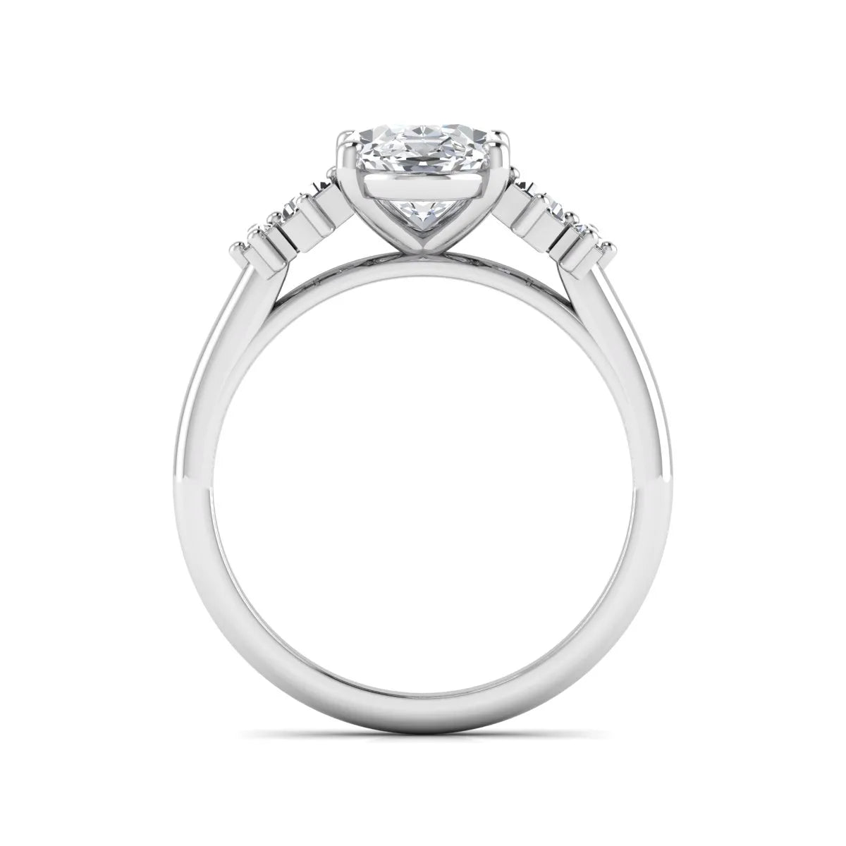 IGI Certified 2.00 carat oval cut lab grown diamond five stone engagement ring with baguette side diamonds in white gold.