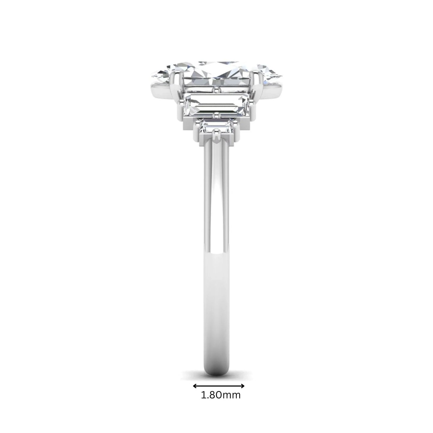 IGI Certified 2.00 carat oval cut lab grown diamond five stone engagement ring with baguette side diamonds in white gold.
