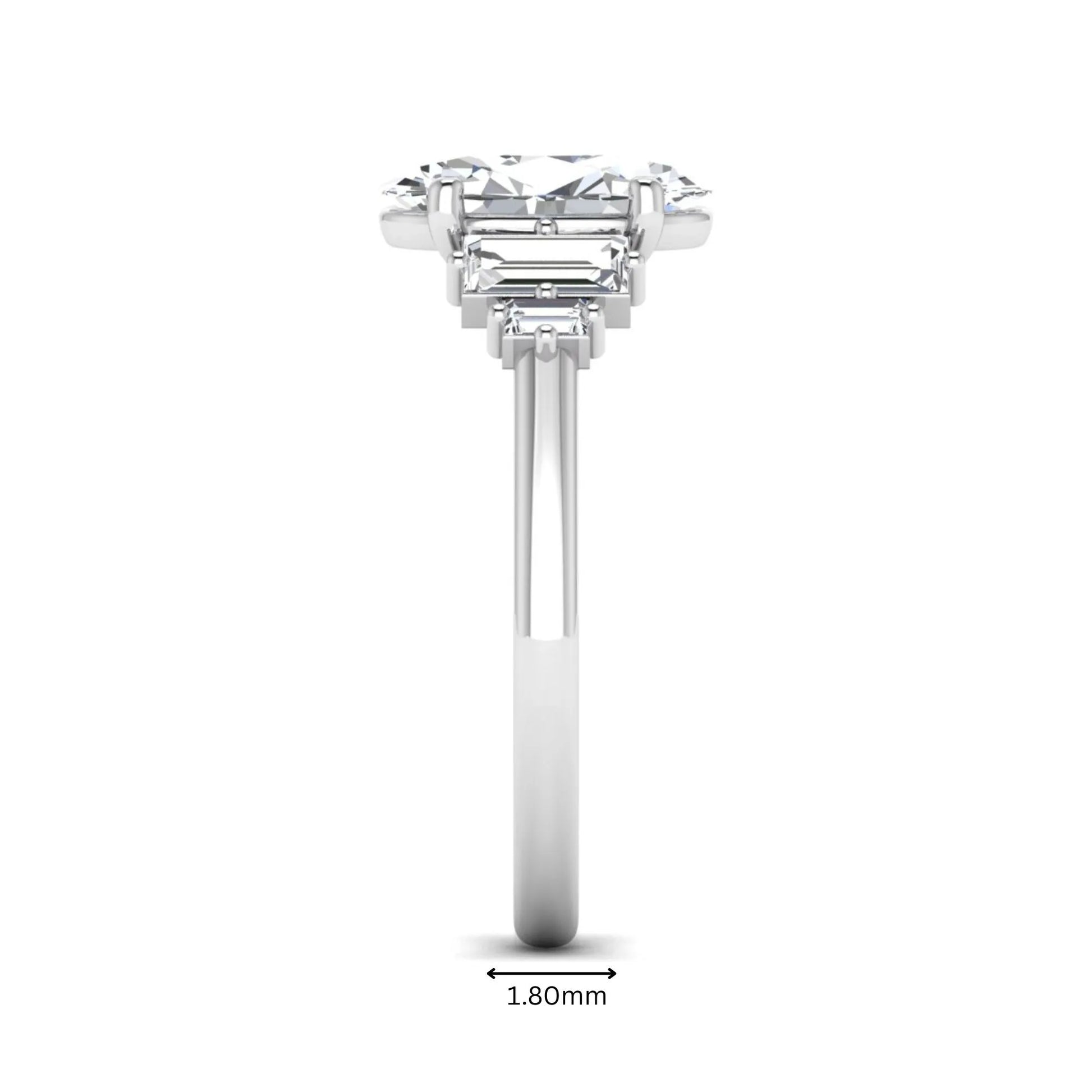 IGI Certified 2.00 carat oval cut lab grown diamond five stone engagement ring with baguette side diamonds in white gold.