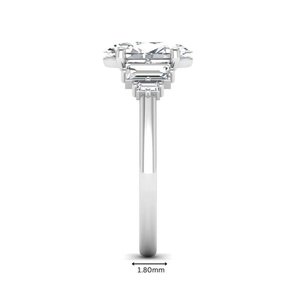 IGI Certified 2.00 carat oval cut lab grown diamond five stone engagement ring with baguette side diamonds in white gold.