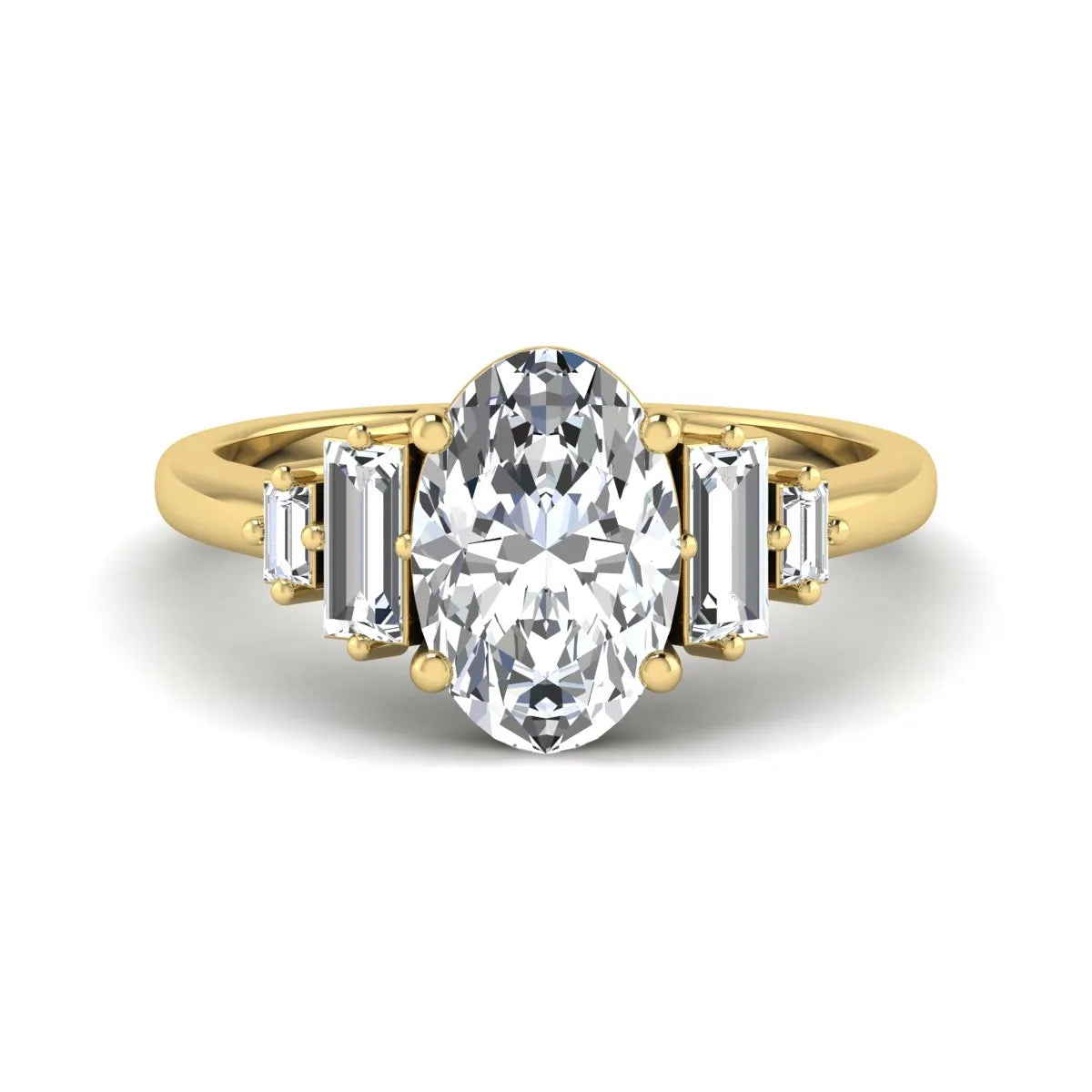 IGI Certified 2.00 carat oval cut lab grown diamond five stone engagement ring with baguette side diamonds in yellow gold.