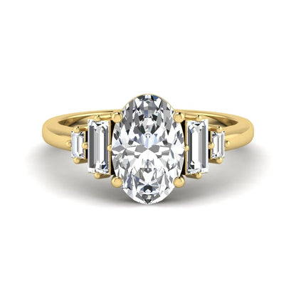 IGI Certified 2.00 carat oval cut lab grown diamond five stone engagement ring with baguette side diamonds in yellow gold.