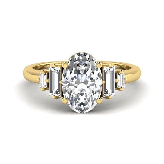 IGI Certified 2.00 carat oval cut lab grown diamond five stone engagement ring with baguette side diamonds in yellow gold.