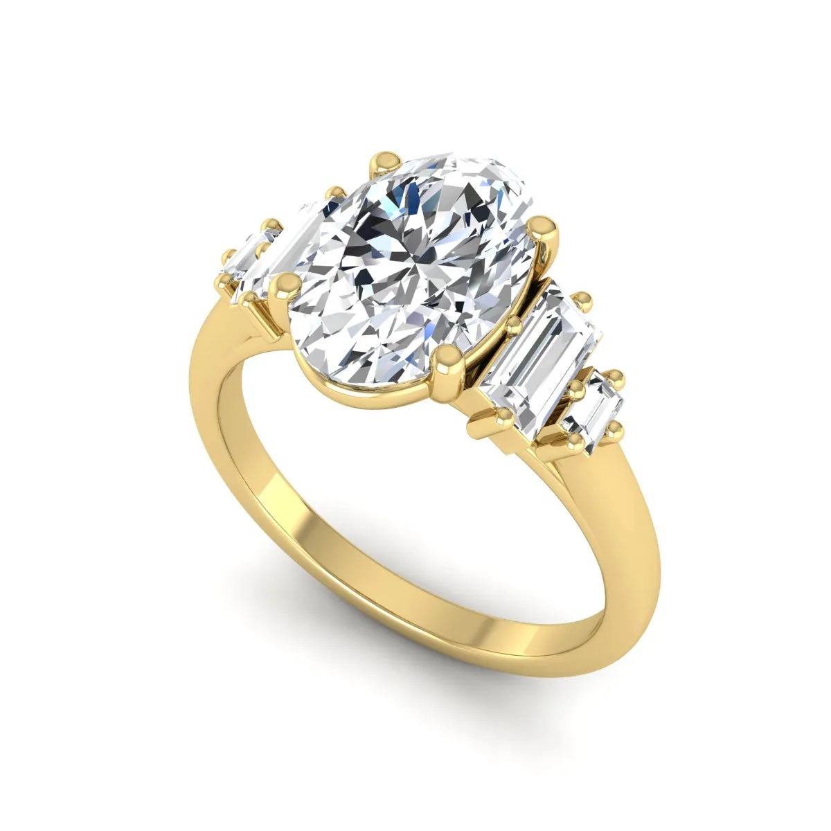 IGI Certified 2.00 carat oval cut lab grown diamond five stone engagement ring with baguette side diamonds in yellow gold.