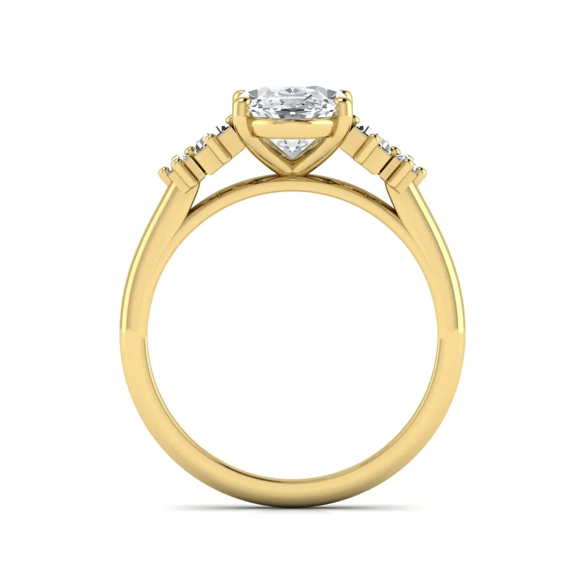 IGI Certified 2.00 carat oval cut lab grown diamond five stone engagement ring with baguette side diamonds in yellow gold.