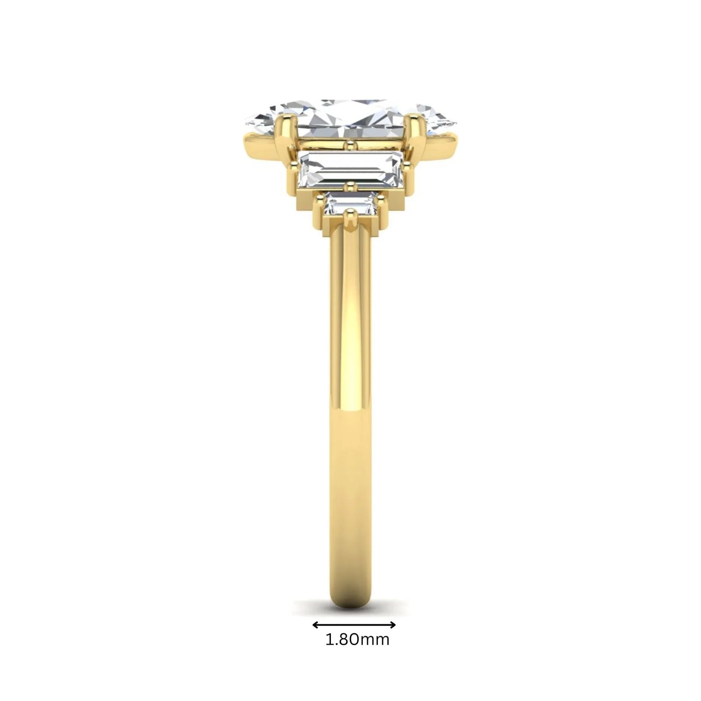 IGI Certified 2.00 carat oval cut lab grown diamond five stone engagement ring with baguette side diamonds in yellow gold.