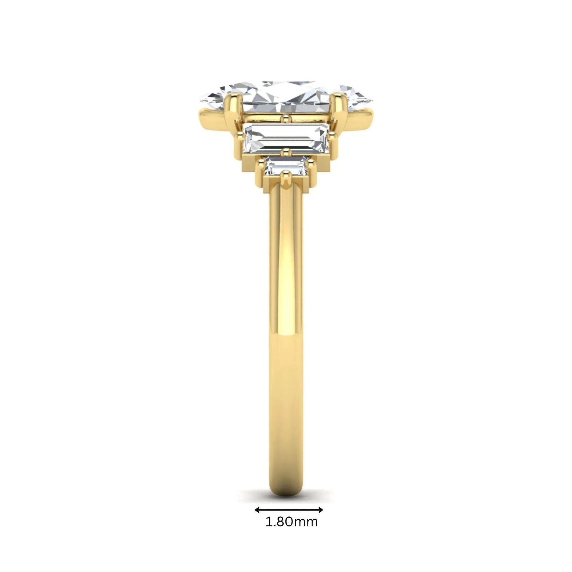 IGI Certified 2.00 carat oval cut lab grown diamond five stone engagement ring with baguette side diamonds in yellow gold.