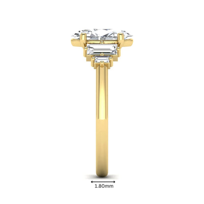 IGI Certified 2.00 carat oval cut lab grown diamond five stone engagement ring with baguette side diamonds in yellow gold.
