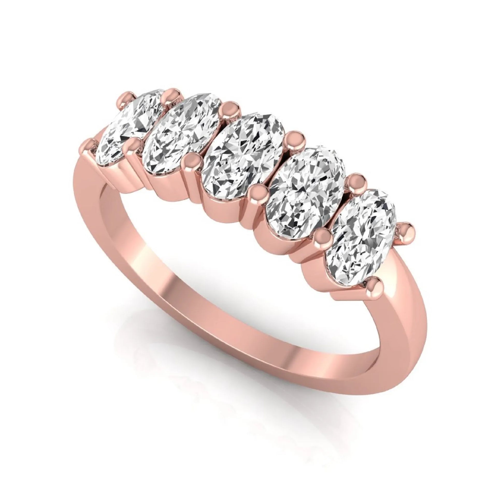 Oval five stone lab grown diamond anniversary ring featuring five oval cut diamonds in an elegant shared prong setting in rose gold
