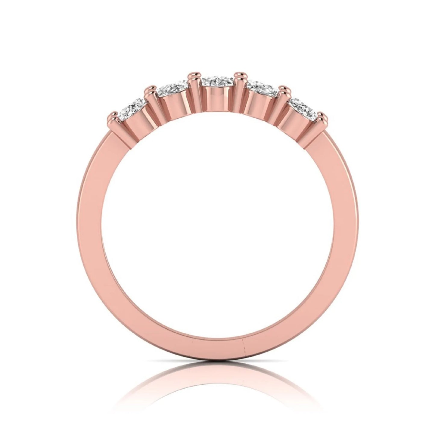 Oval five stone lab grown diamond anniversary ring featuring five oval cut diamonds in an elegant shared prong setting in rose gold