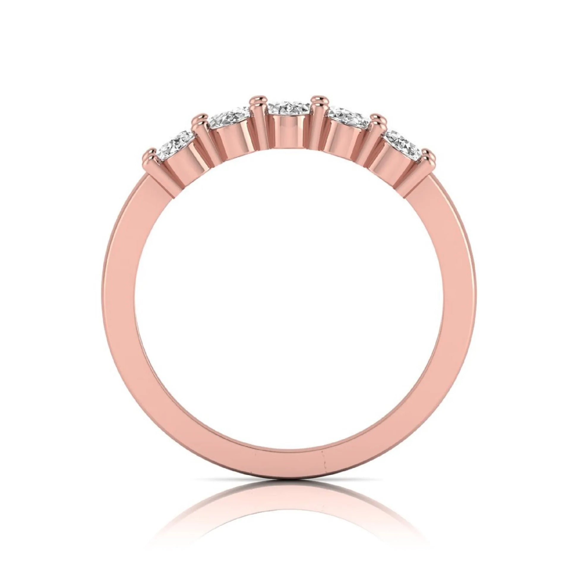 Oval five stone lab grown diamond anniversary ring featuring five oval cut diamonds in an elegant shared prong setting in rose gold
