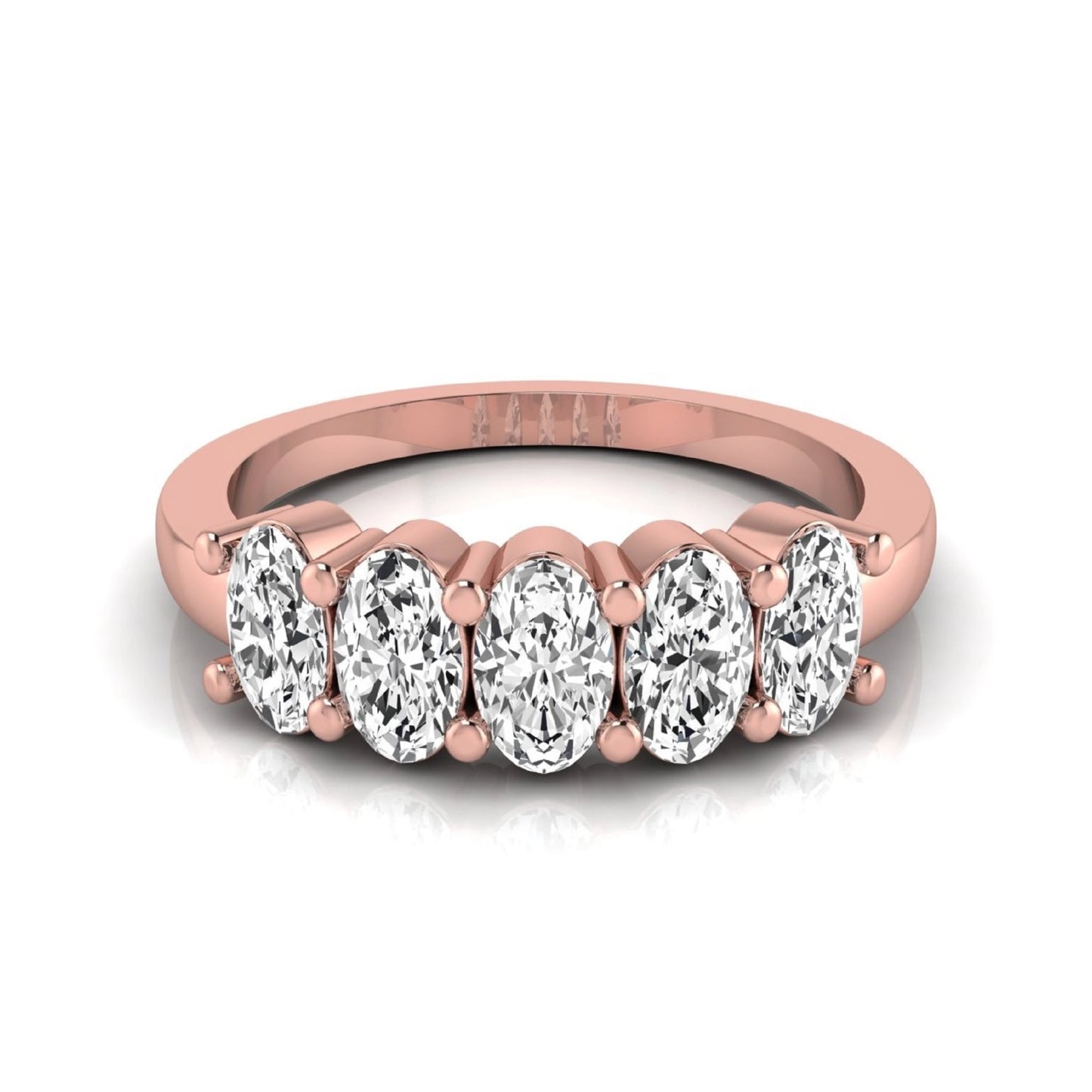 Oval five stone lab grown diamond anniversary ring featuring five oval cut diamonds in an elegant shared prong setting in rose gold