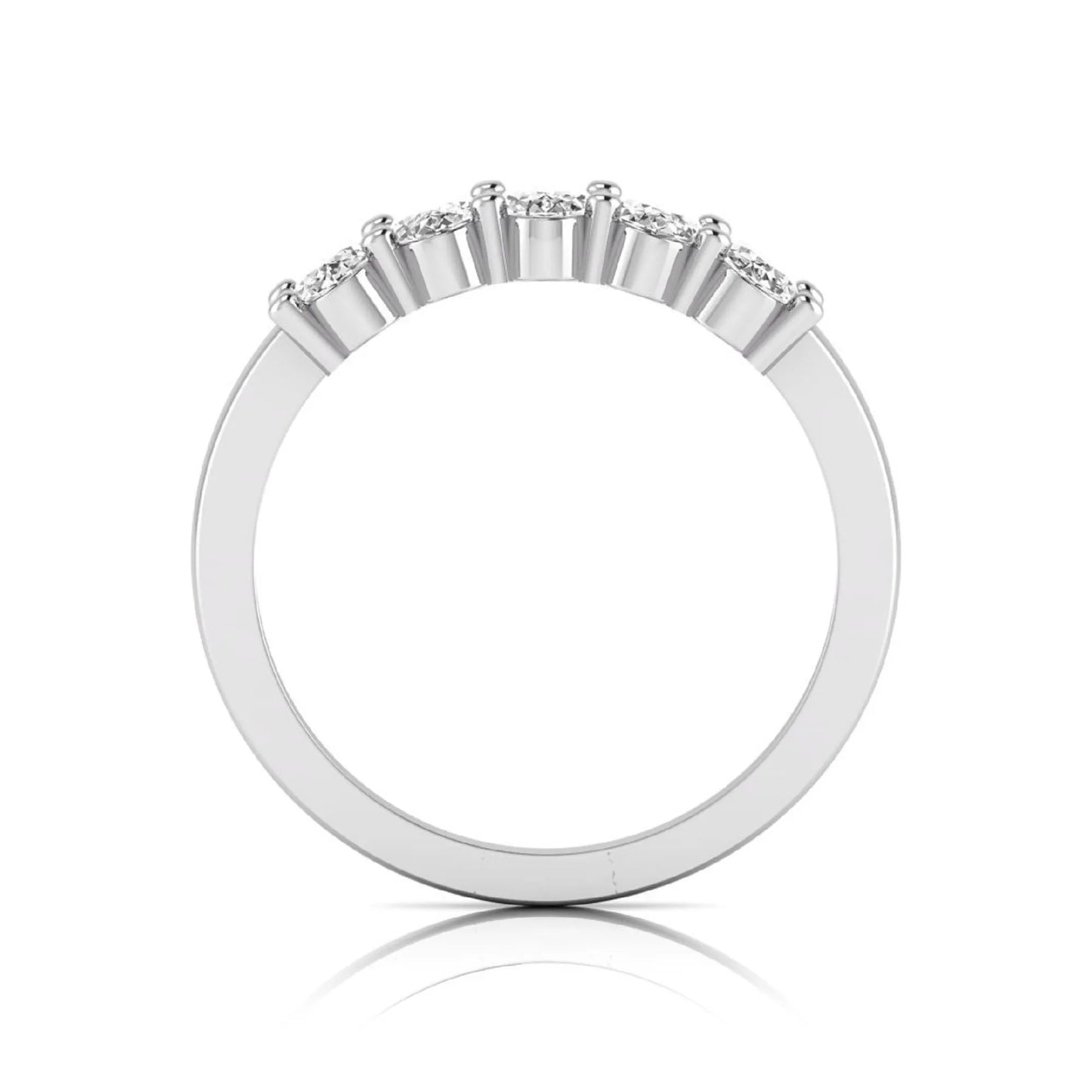 Oval five stone lab grown diamond anniversary ring featuring five oval cut diamonds in an elegant shared prong setting in white gold