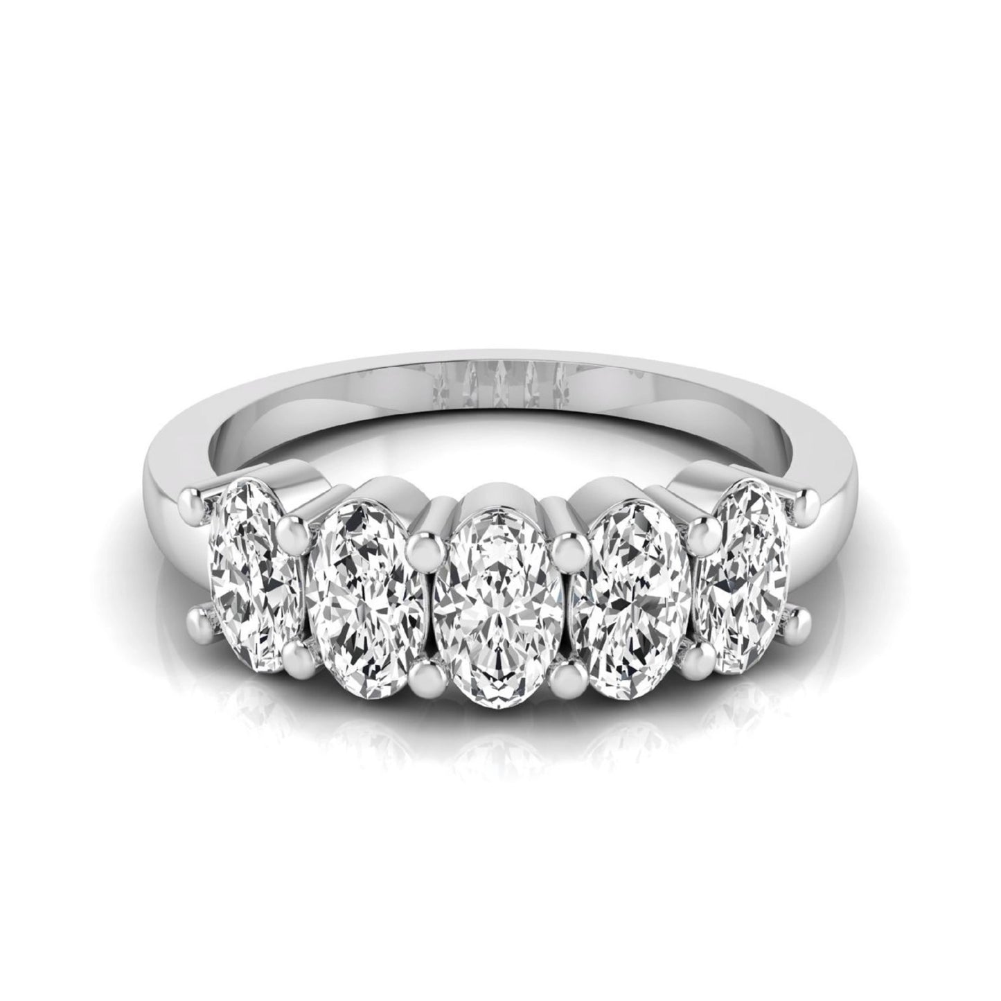 Oval five stone lab grown diamond anniversary ring featuring five oval cut diamonds in an elegant shared prong setting in white gold