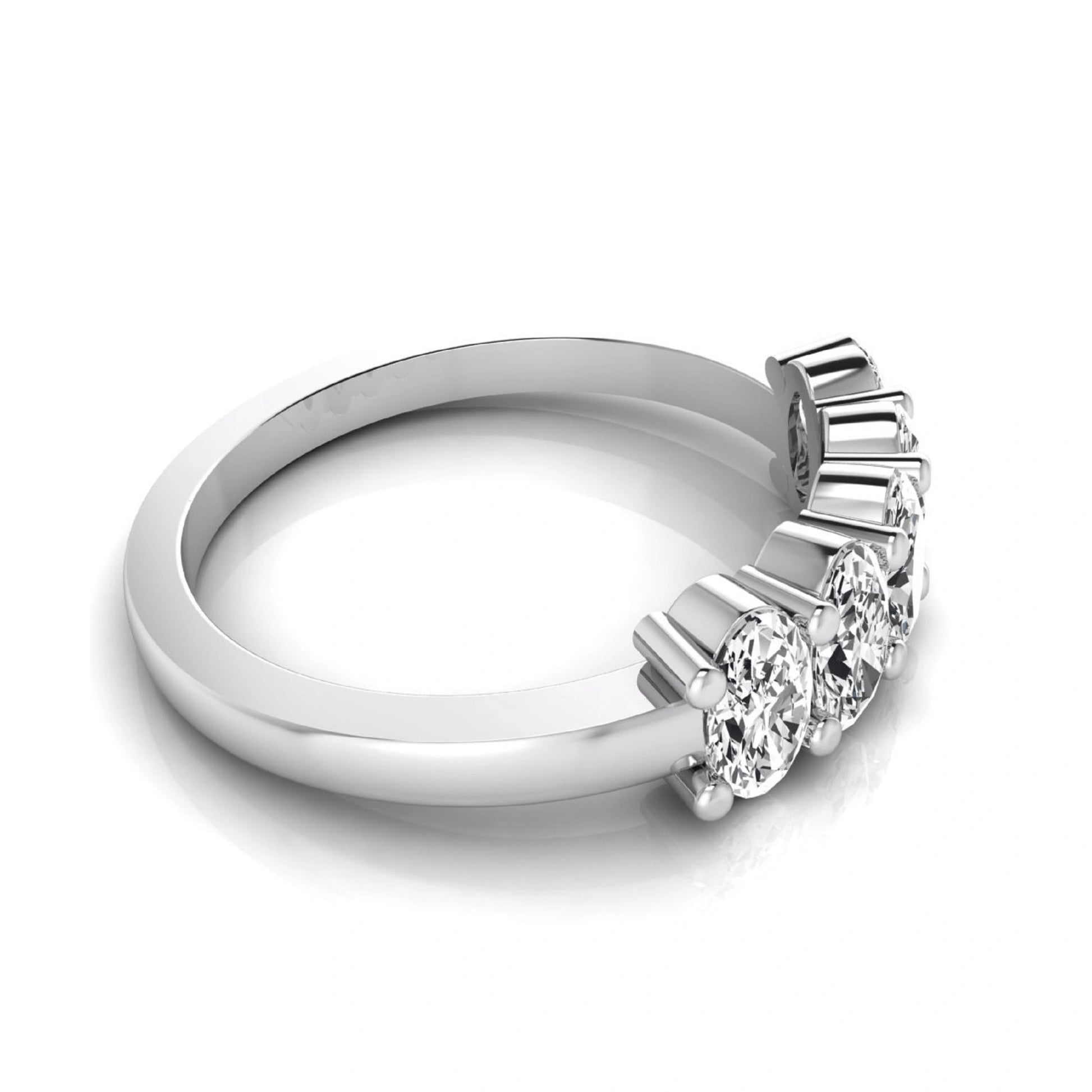 Oval five stone lab grown diamond anniversary ring featuring five oval cut diamonds in an elegant shared prong setting in white gold