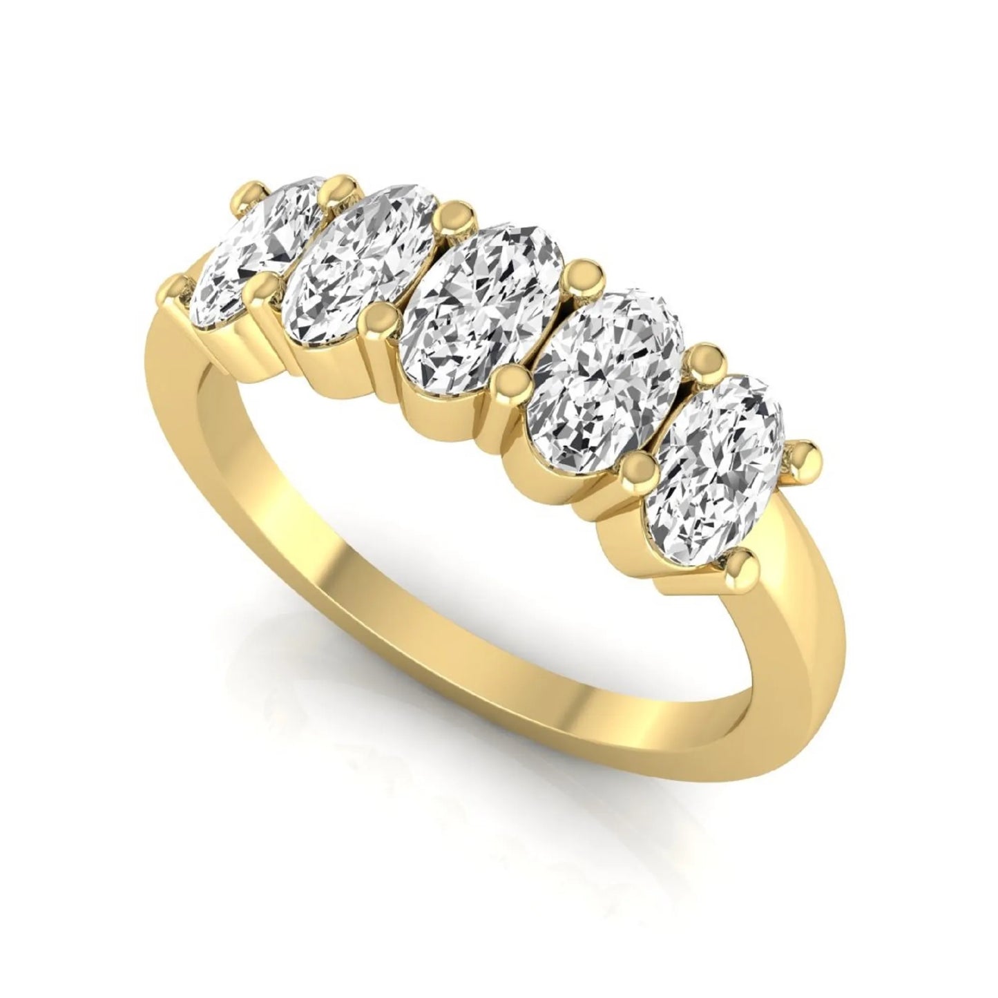 Oval five stone lab grown diamond anniversary ring featuring five oval cut diamonds in an elegant shared prong setting in yellow gold