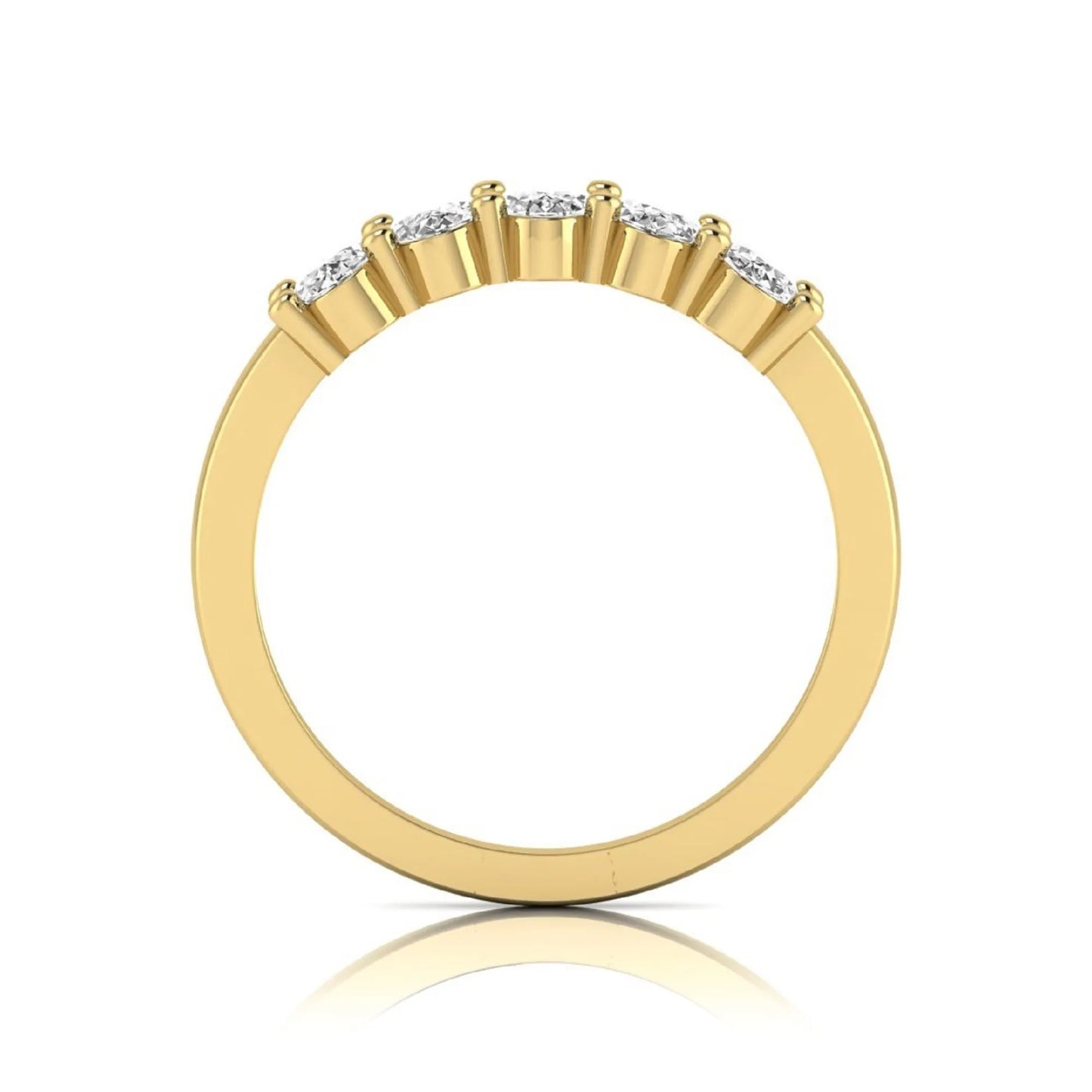 Oval five stone lab grown diamond anniversary ring featuring five oval cut diamonds in an elegant shared prong setting in yellow gold