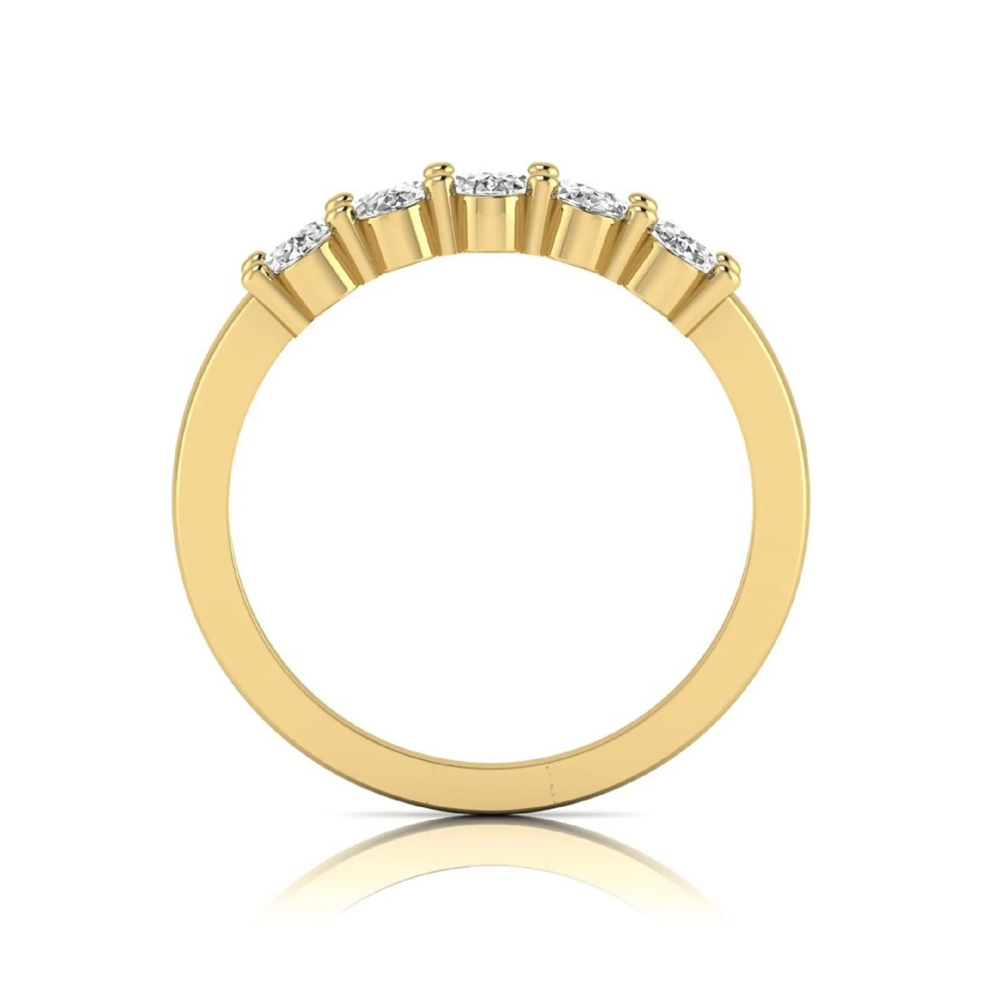 Oval five stone lab grown diamond anniversary ring featuring five oval cut diamonds in an elegant shared prong setting in yellow gold