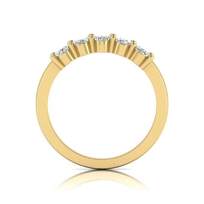 Oval five stone lab grown diamond anniversary ring featuring five oval cut diamonds in an elegant shared prong setting in yellow gold
