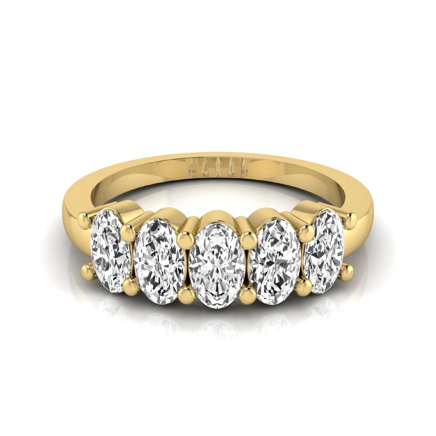 Oval five stone lab grown diamond anniversary ring featuring five oval cut diamonds in an elegant shared prong setting in yellow gold
