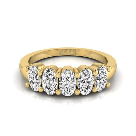 Oval five stone lab grown diamond anniversary ring featuring five oval cut diamonds in an elegant shared prong setting in yellow gold