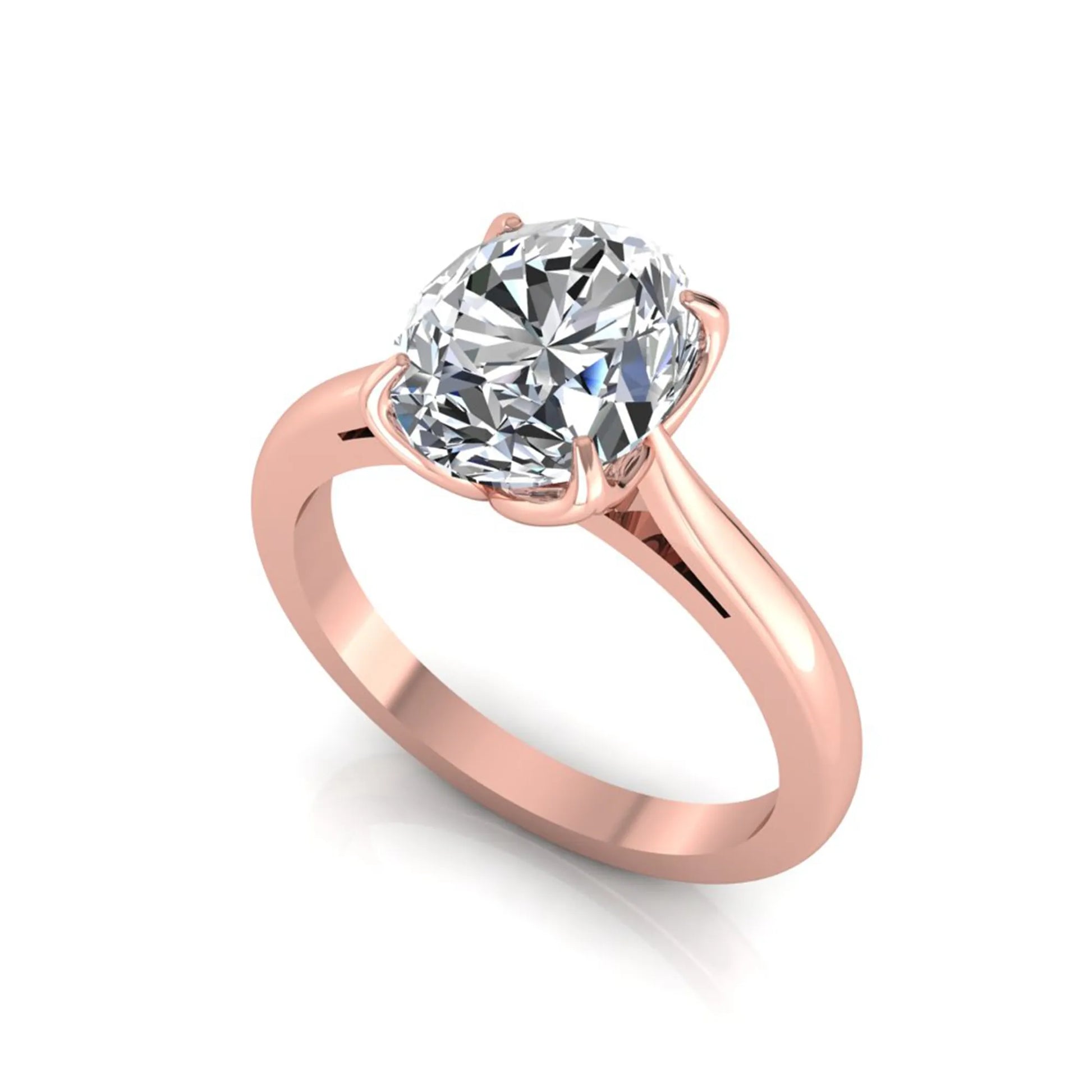 Oval cut lab grown diamond solitaire engagement ring featuring a classic four-prong setting with a rose gold tone band.