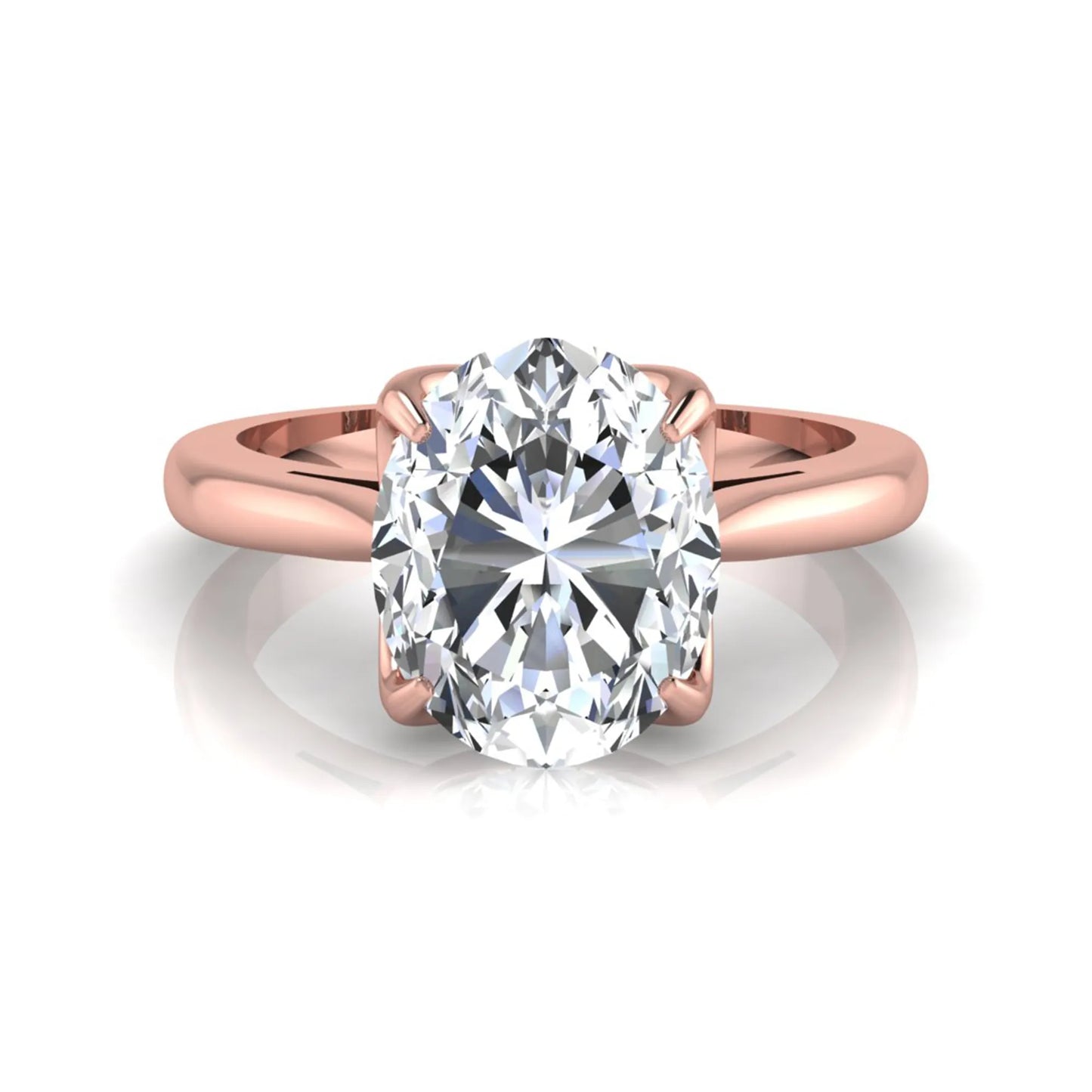 Oval cut lab grown diamond solitaire engagement ring featuring a classic four-prong setting with a rose gold tone band.