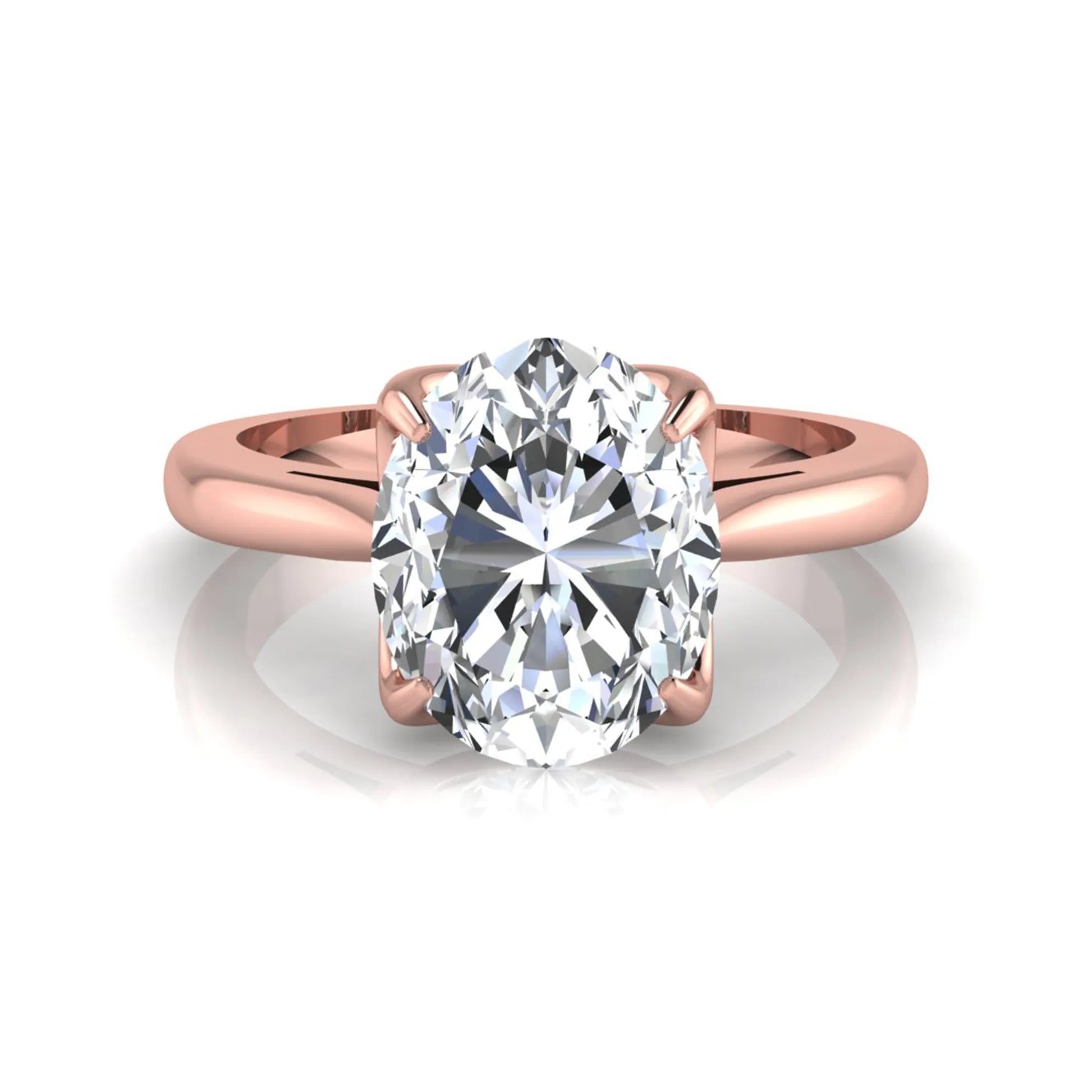 Oval cut lab grown diamond solitaire engagement ring featuring a classic four-prong setting with a rose gold tone band.