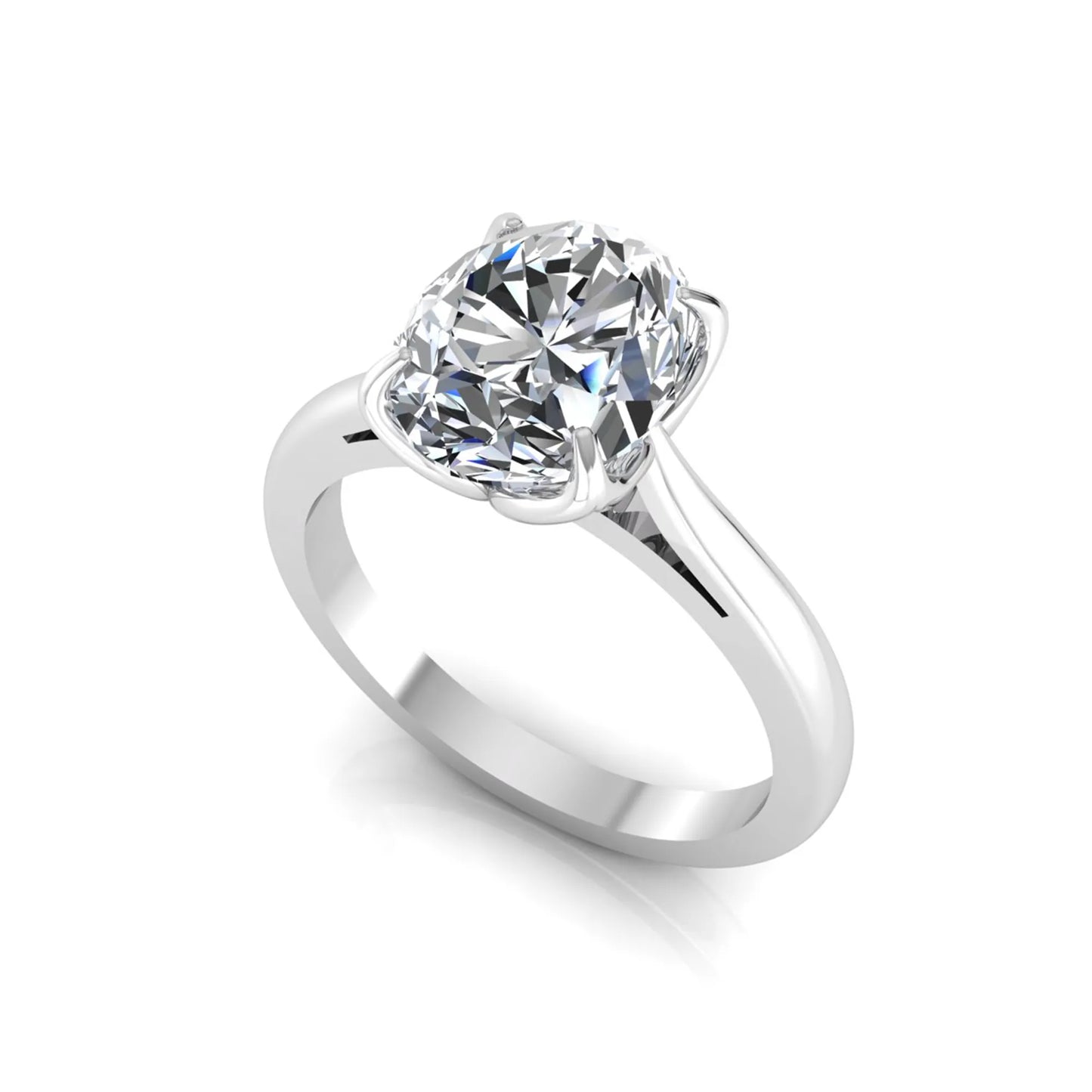 Oval cut lab grown diamond solitaire engagement ring featuring a classic four-prong setting with a white gold tone band.