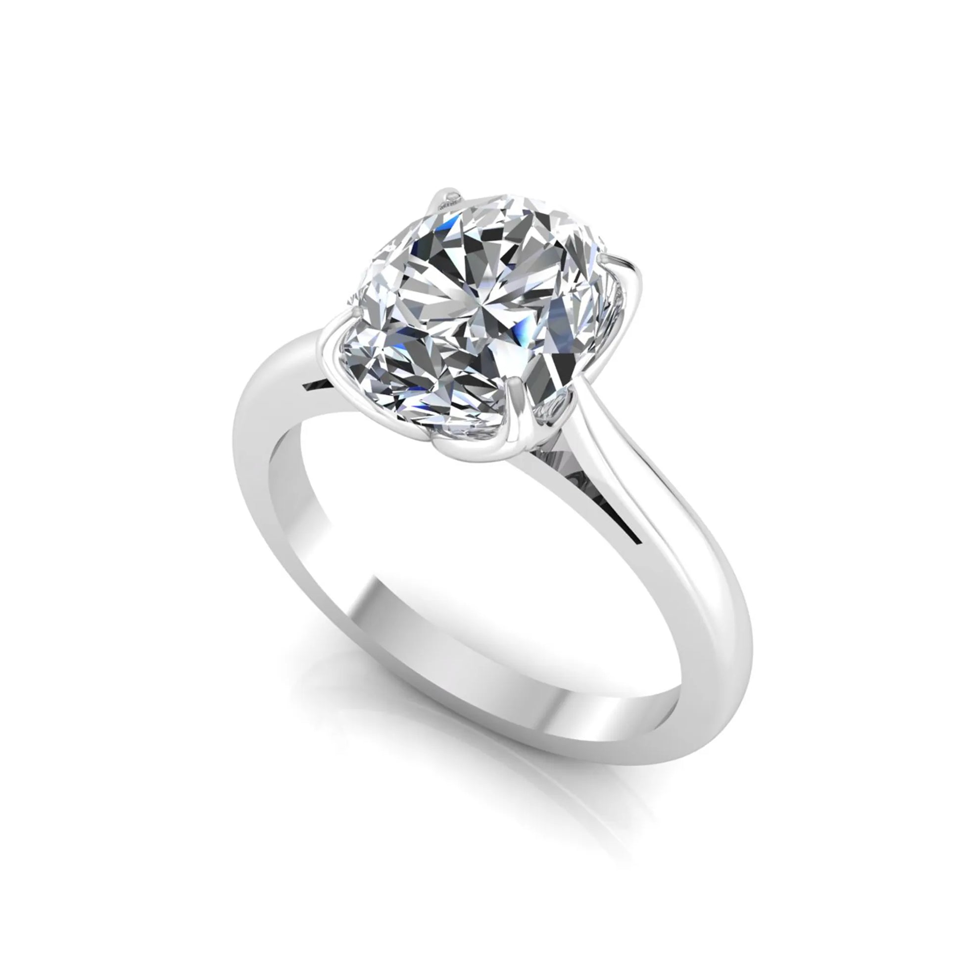 Oval cut lab grown diamond solitaire engagement ring featuring a classic four-prong setting with a white gold tone band.