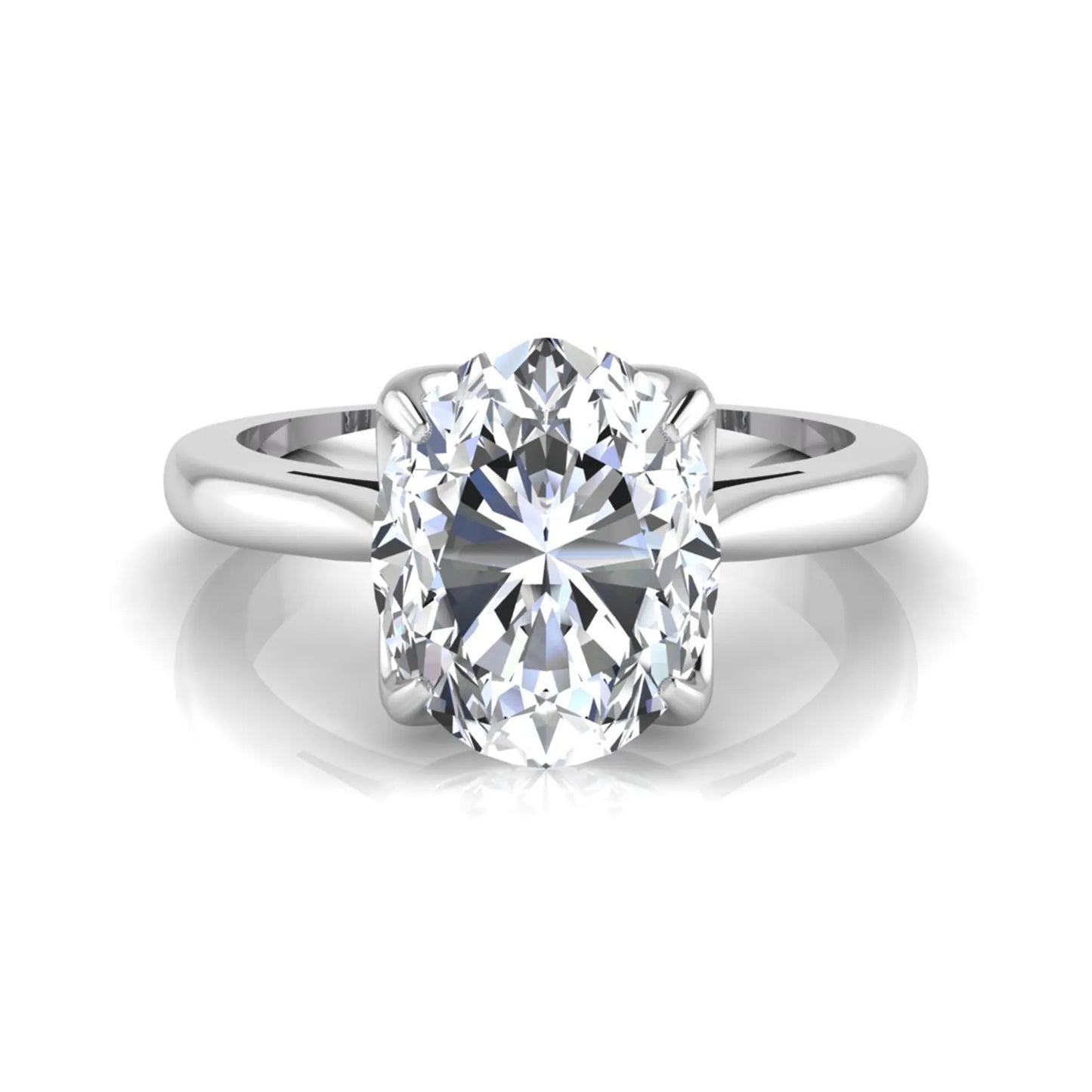 Oval cut lab grown diamond solitaire engagement ring featuring a classic four-prong setting with a white gold tone band.