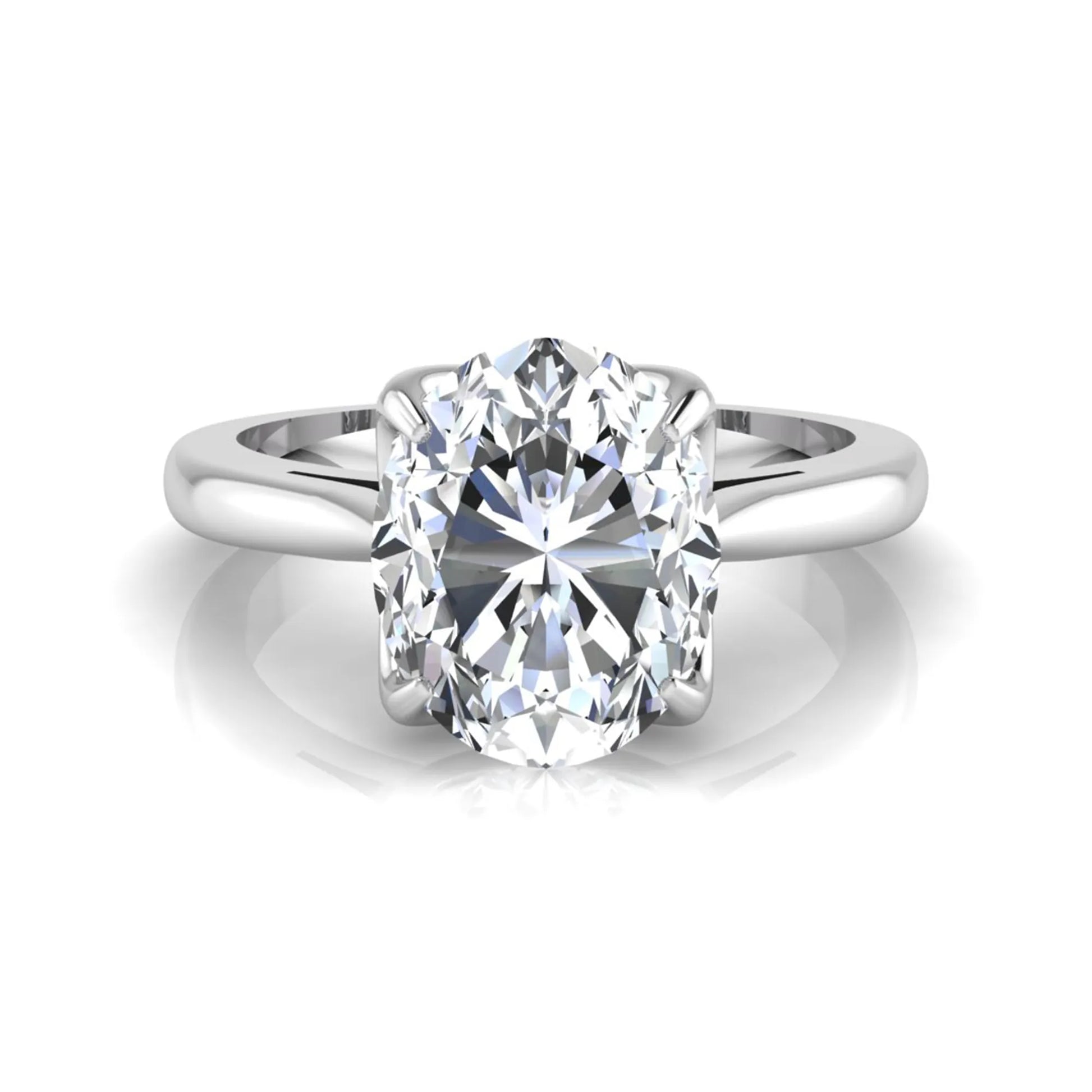 Oval cut lab grown diamond solitaire engagement ring featuring a classic four-prong setting with a white gold tone band.