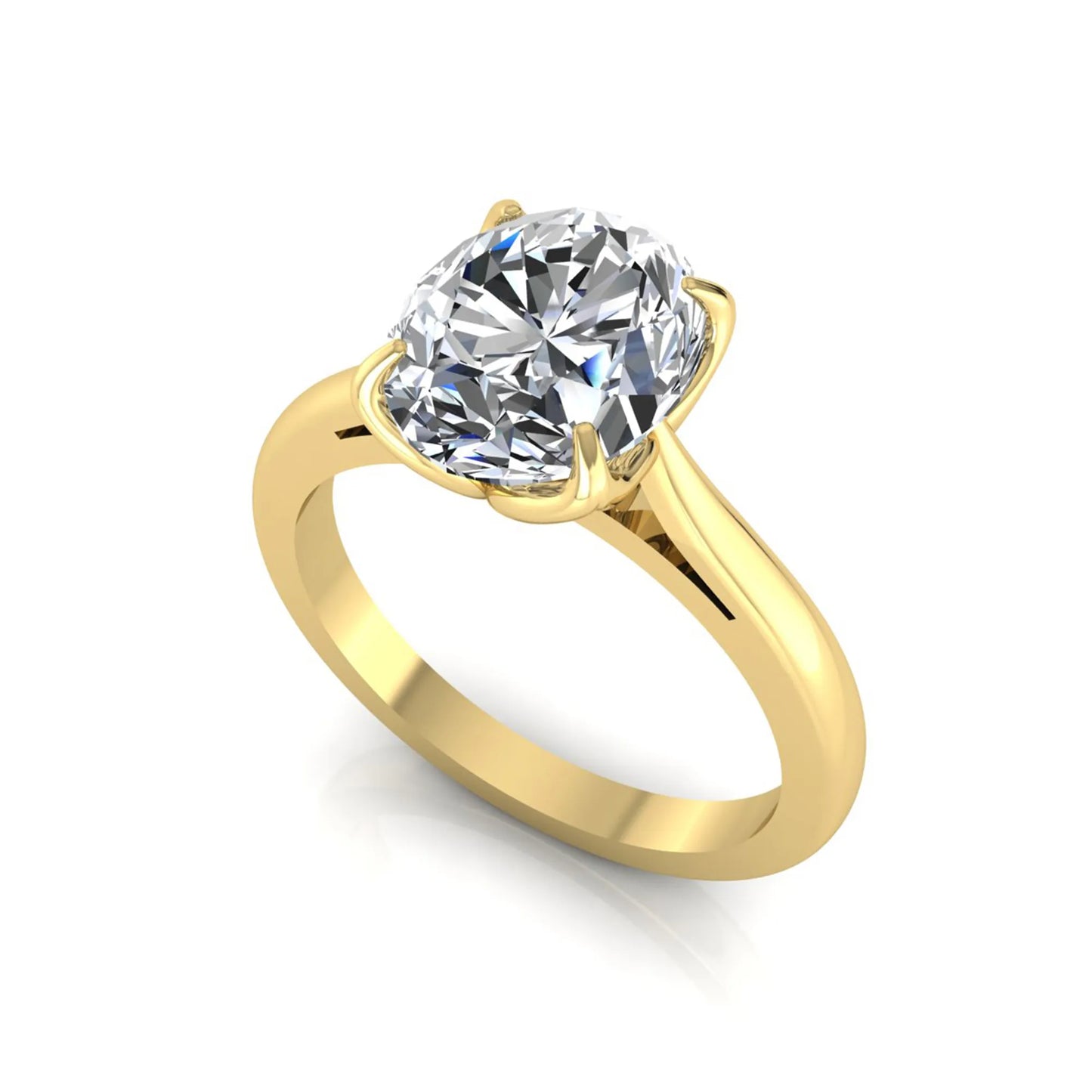 Oval cut lab grown diamond solitaire engagement ring featuring a classic four-prong setting with a yellow gold tone band.