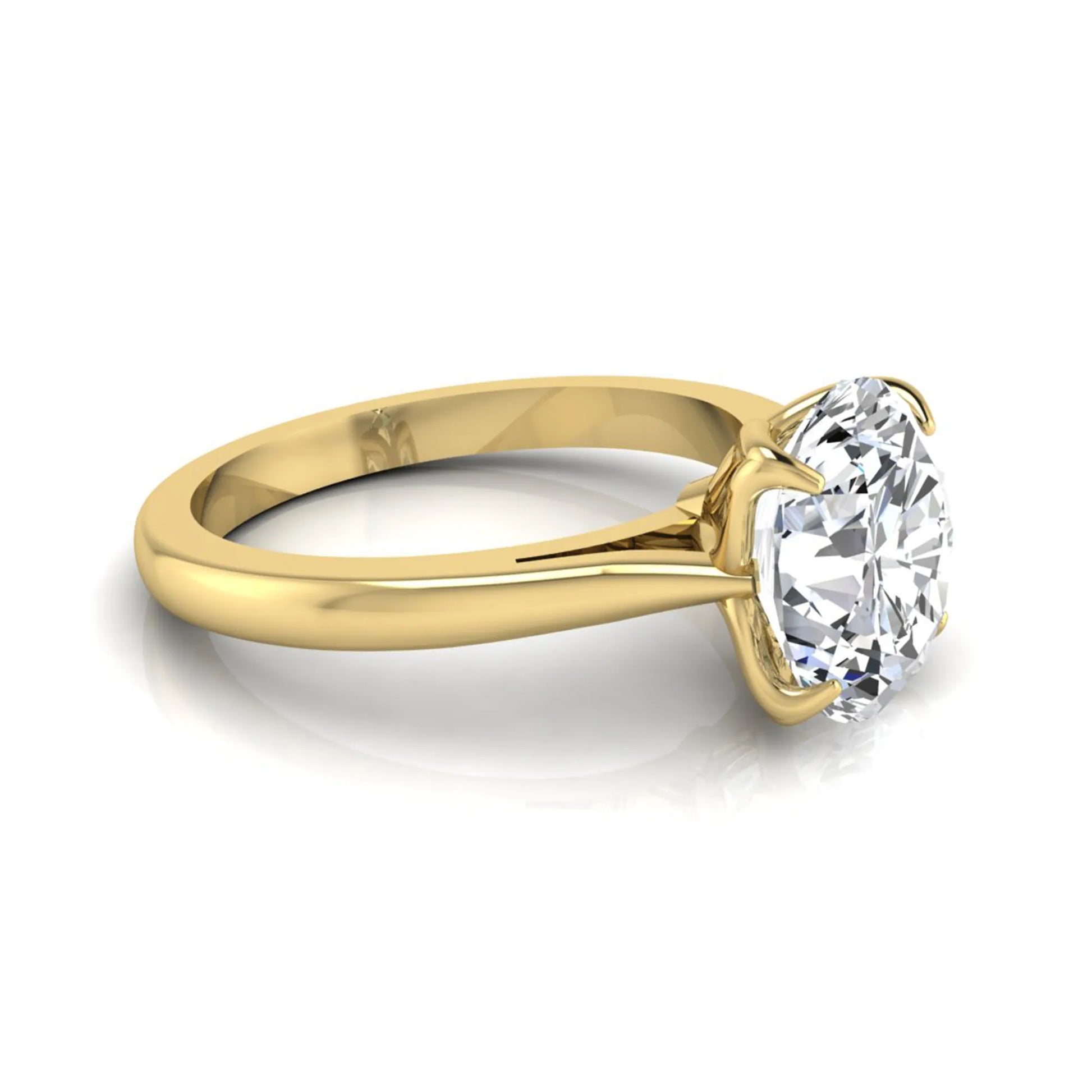 Oval cut lab grown diamond solitaire engagement ring featuring a classic four-prong setting with a yellow gold tone band.