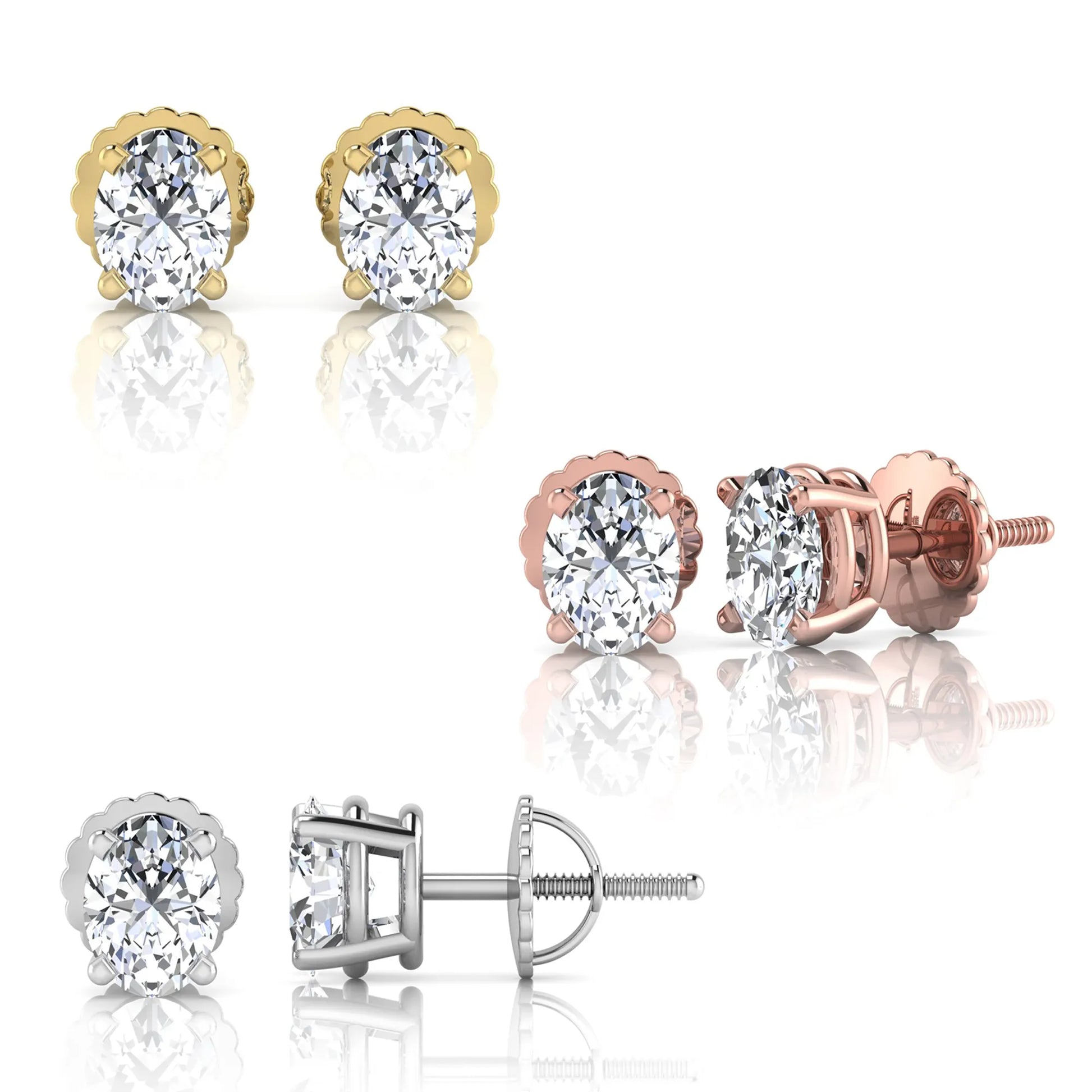 Set of diamond stud earrings in , rose , and silver on a white background
