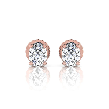 rose gold Oval cut lab grown diamond stud earrings with four prong setting and screw back closure