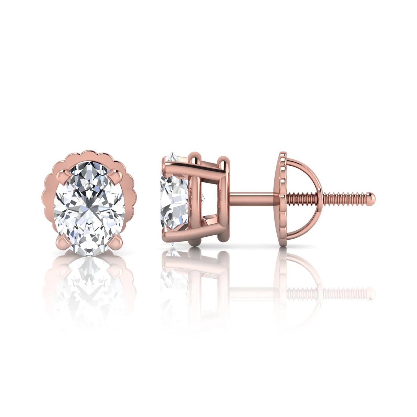 rose gold Oval cut lab grown diamond stud earrings with four prong setting and screw back closure