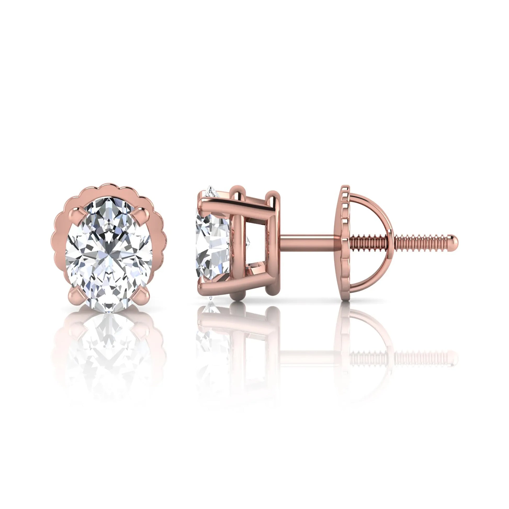 rose gold Oval cut lab grown diamond stud earrings with four prong setting and screw back closure